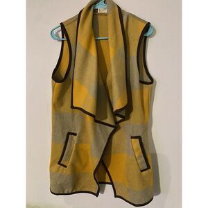 Yellow Plaid Open Wide Collar Vest Women's Large Brown Trim With Pockets Wool